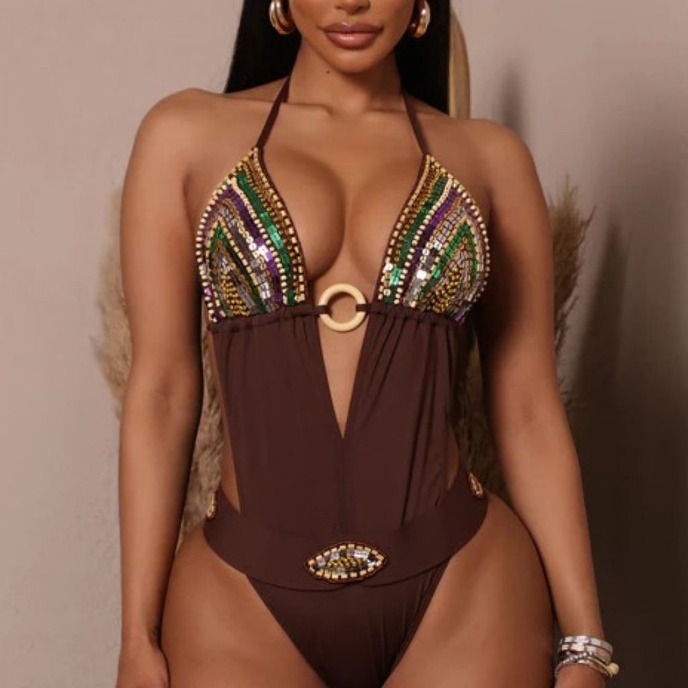 Embellished Cutout One Piece Swimsuit - Mocha